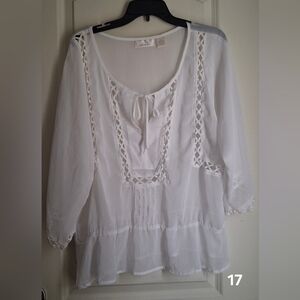 Luxe White Lace Detail Women's Sheer Top XL Casual Summer Travel Beachy Angelcor
